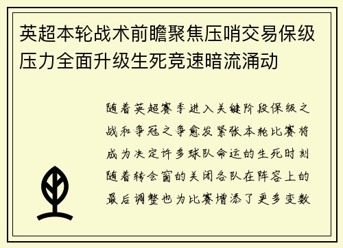 英超本轮战术前瞻聚焦压哨交易保级压力全面升级生死竞速暗流涌动